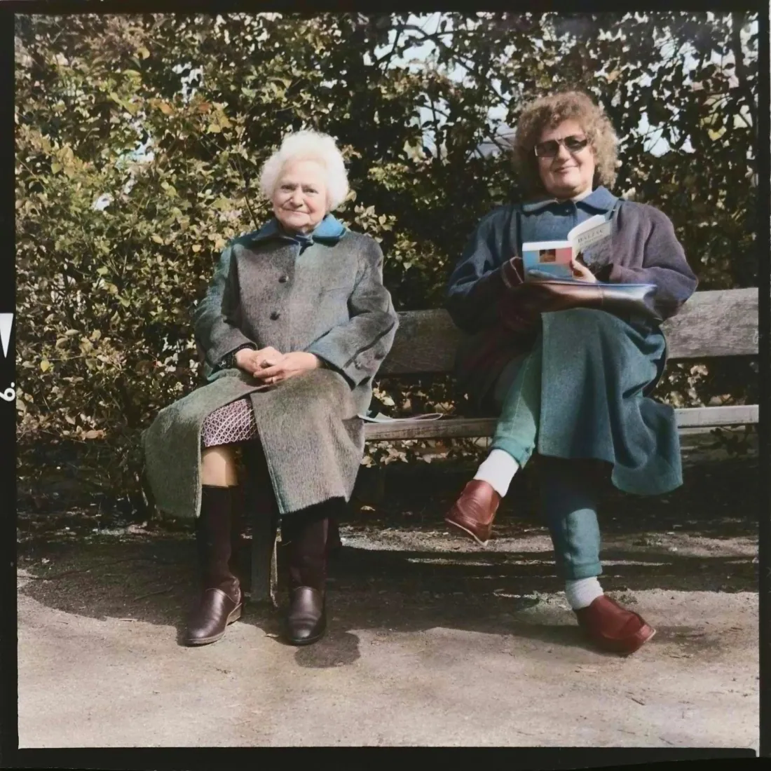 Two older women sit together on a bench beside an autumn garden, sharing a quiet companionship